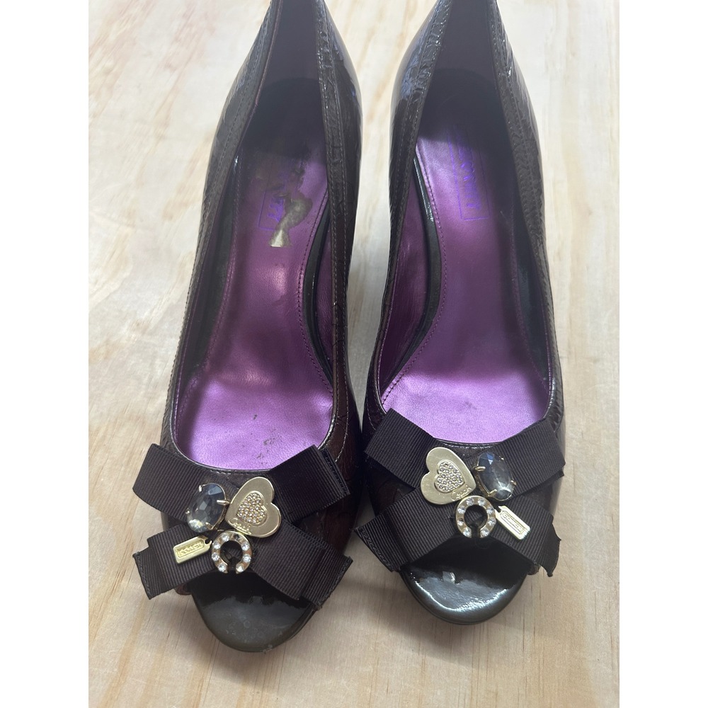 Coach Brown Patent Signature Peep Toe Wedge Heels with Bow Charms women's 10B